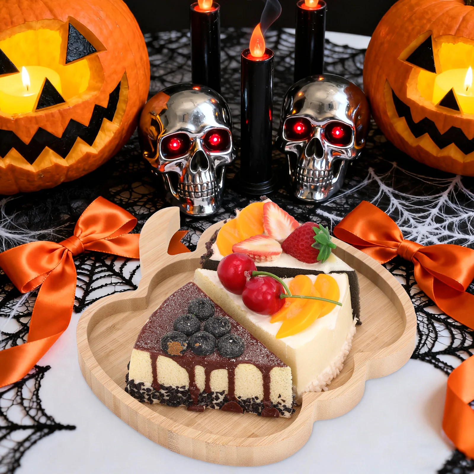 

Wooden Halloween Pumpkin Snack Tray Serving Plate Creative Food Candy Snack Platter Halloween Serving Tray Fruit Plate