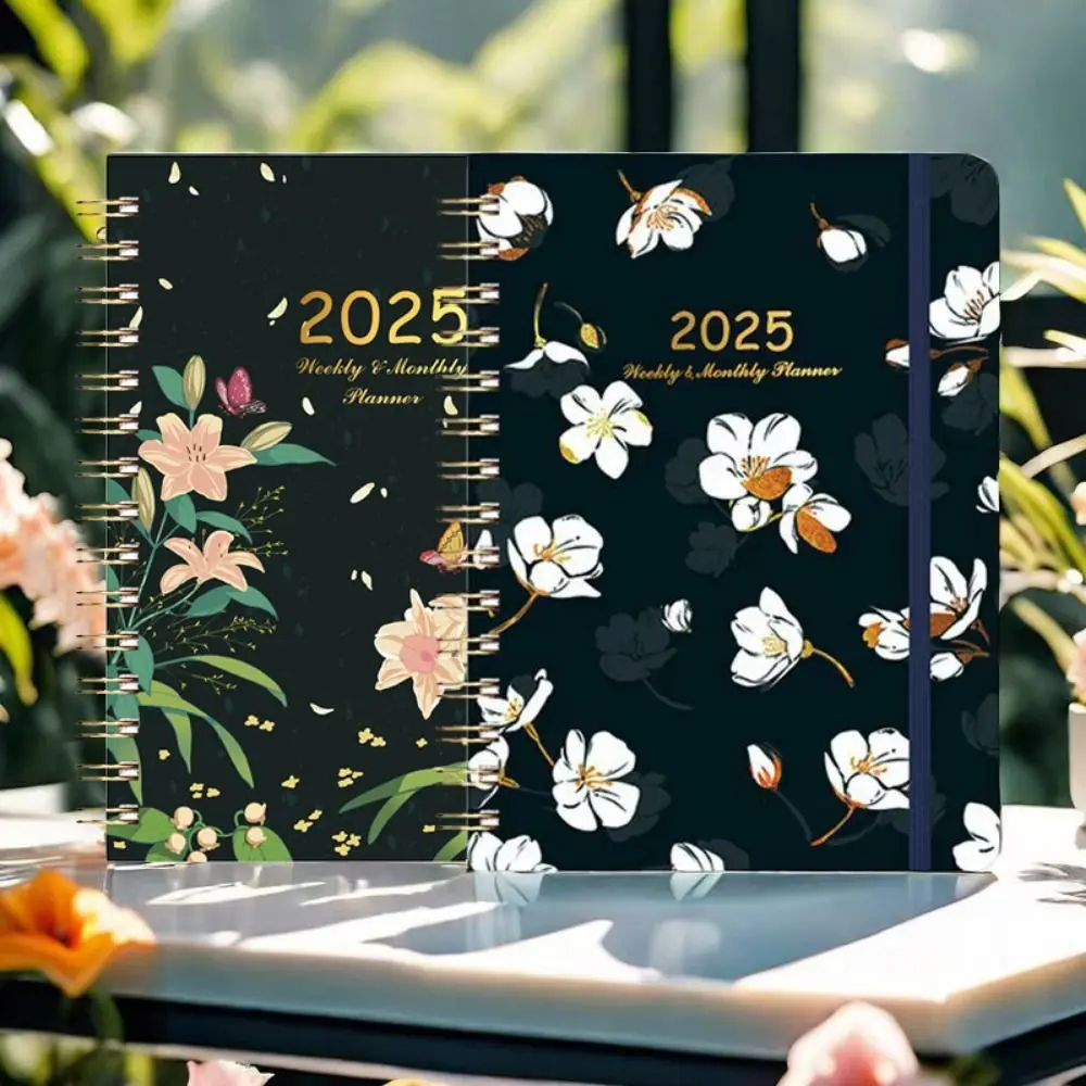 A5 2025 Planner Notebooks Floral Paper 12 Months Planner Notebook Multifunction Elastic Band Design 365 Days Notepad Student
