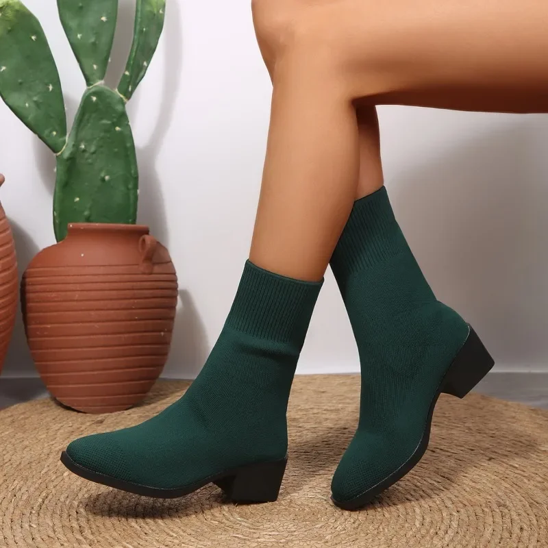 2026 Neue Einfarbige Damen-Strickstiefel bis zur Wadenmitte, Modische Stiefel mit Quadratischem Absatz, Elastische Stiefel für Herbst, Outdoor, Slip-on, Partyschuhe, Größe 43 – Detail 15