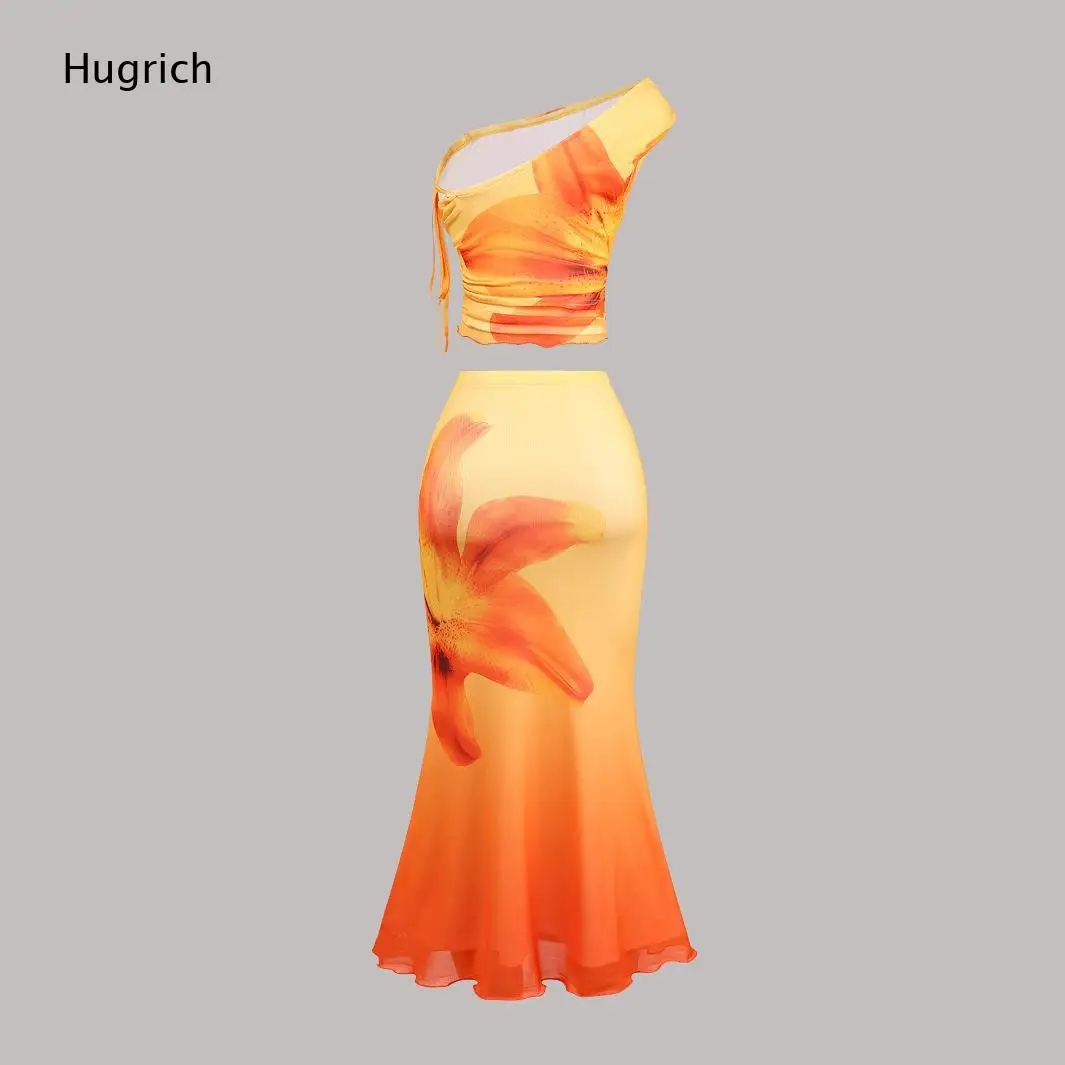 Elegant Gradient Floral Printed Matching Two Piece Set Asymmetric Shoulder Tie Detail Crop Top High Waist Ruffle Mermaid Skirt