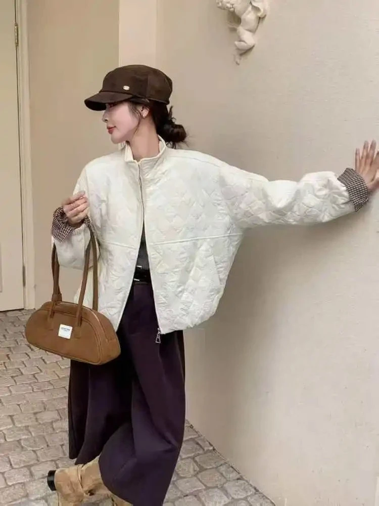 

Повседневная лоскутная хлопковая куртка, женская эластичная куртка с ромбовидным узором, тонкий рукав, корейская версия, пальто свободного покроя