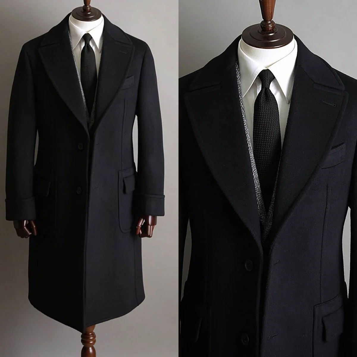 Formal Men Long Coat Peaked Lapel  Wool Blends Overcoat Single Breasted 1 Piece Set Business Prom Event Men Suits Customized