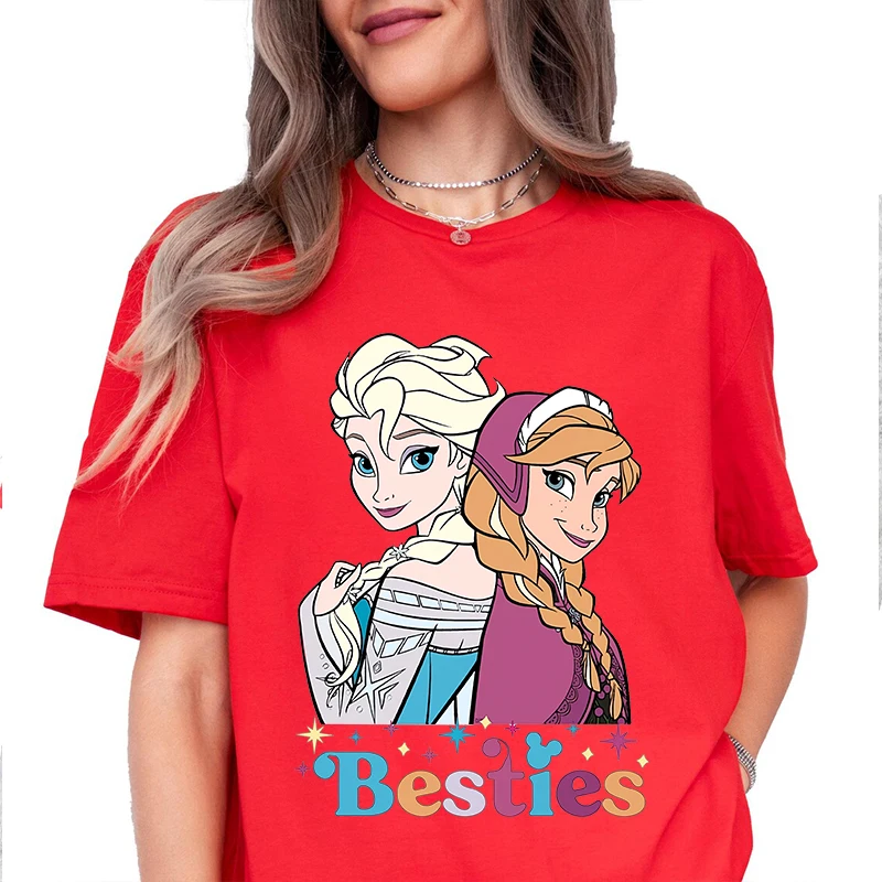 Disney Besties Princess Elsa Princess Anna Printed Women's T-Shirt Cotton Short Sleeve Casual Top