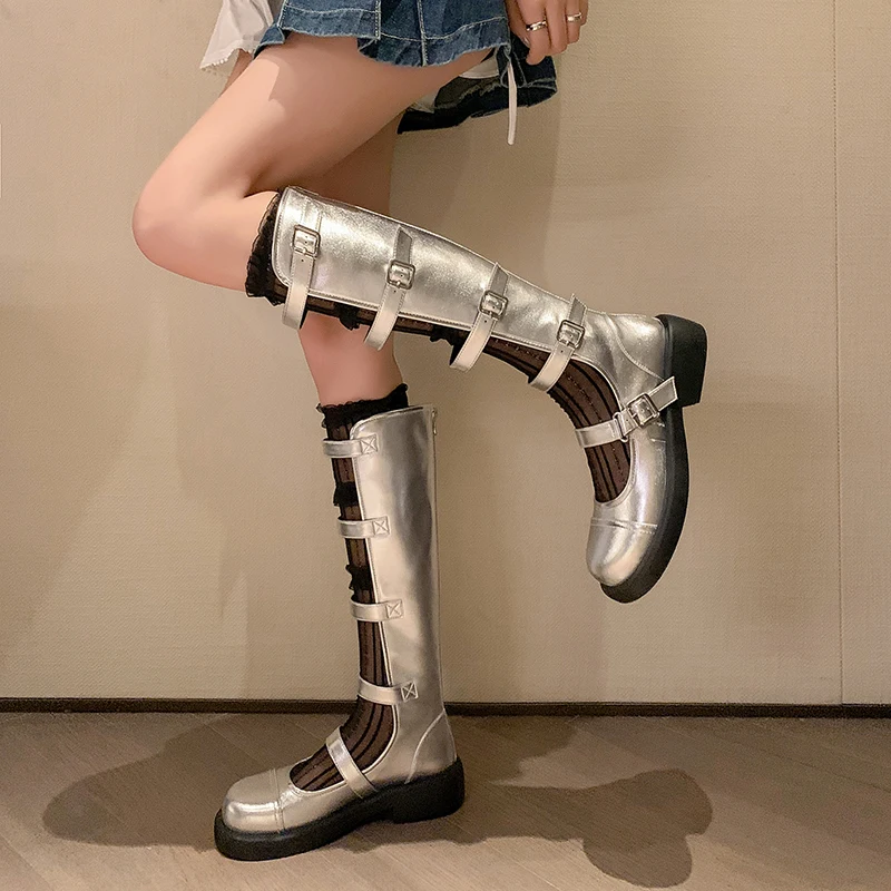 

Genuine Leather Buckle Straps Hollow out Knee high Boots High Boots Lady chunky Medium Heel Thick Bottom Punk Sandals High Boots