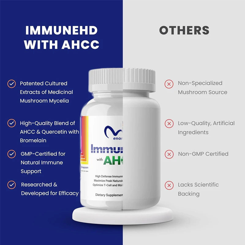 Immune HD contains AHCC for immune support, 1500 mg AHCC olive leaf extract and 60 capsules of quercetin containing bromelain