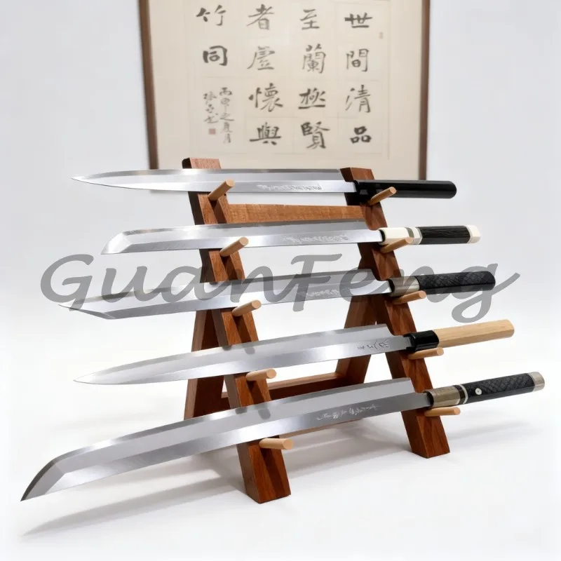 Solid Wood Stepped Multi-Layer Knife Display Holder, Kitchen Cutlery Storage Organizer & Tool Stand