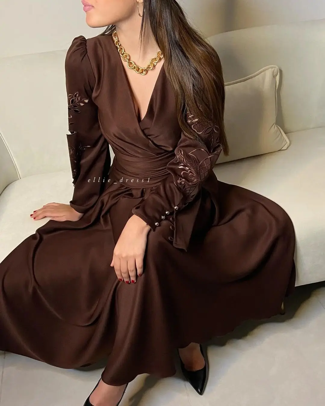 

Saudi Arabic Women's Prom Dresses Simple A-type Knee-length Girdle Waist Design V Neck Formal Temperament Evening Dress