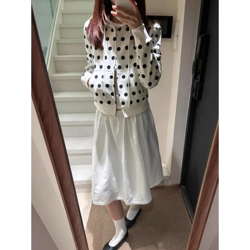 

Korean Polka Dot Hooded Zipper Cardigan Sweater Jacket Women's 2026 Spring Thin Casual Top