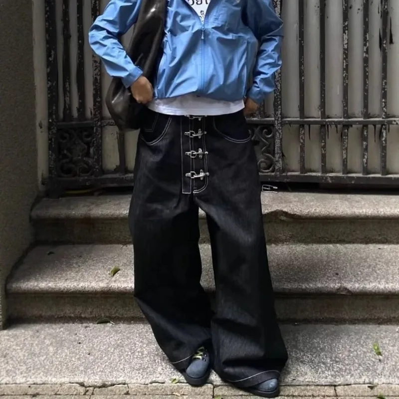 Men Vintage Baggy Wide Leg Jeans Multi Metal Airplane Button Front Washed Denim Curved Cut Oversized Loose American Long Pants