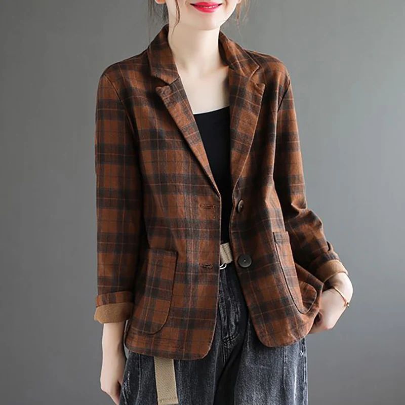 Mode Revers Taste Taschen Gedruckt Plaid Blazer Frauen Kleidung 2024 Herbst Neue Lose Langarm Casual Tops Alle-spiel blazer