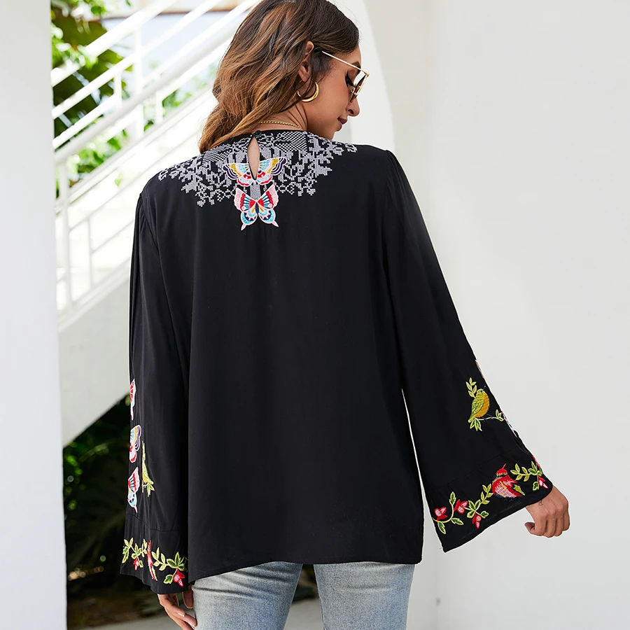 KHALEE YOSE Boho Embroidery Blouses Shirt Spring Autumn Women Mexican Shirt Vintage Long Sleeve 23xl Black Casual Ethnic Top