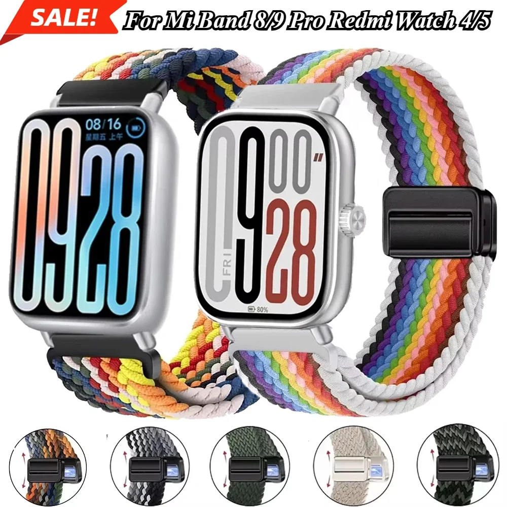 حزام من النايلون المنسوج لساعة Redmi 5/4 مشبك مغناطيسي مريح قابل للتعديل معصمه لـ Xiaomi Mi Band 8 Pro/9Pro Correa