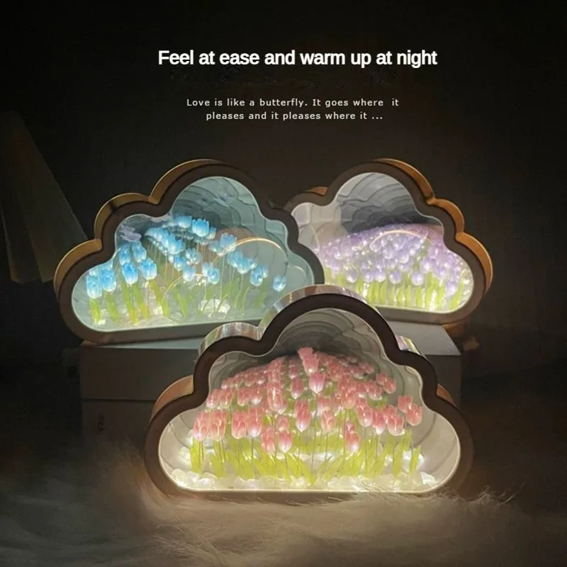 Cloud Mirror Tulip Small Night Lamp DIY Handmade Flower Sea Birthday Gift for Girls Girlfriends