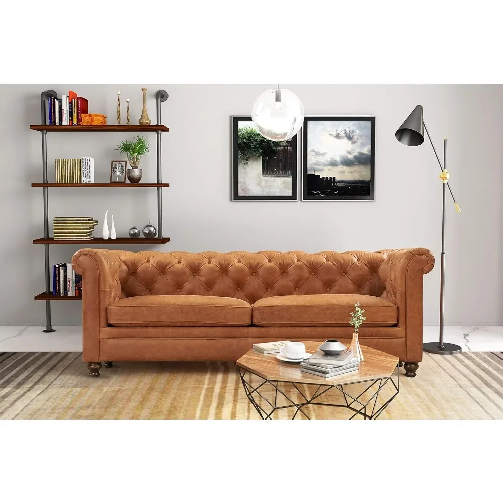 87.4-inch Living Room Sofa, Made of Full Grain Pure Aniline Italian Tanned Leather