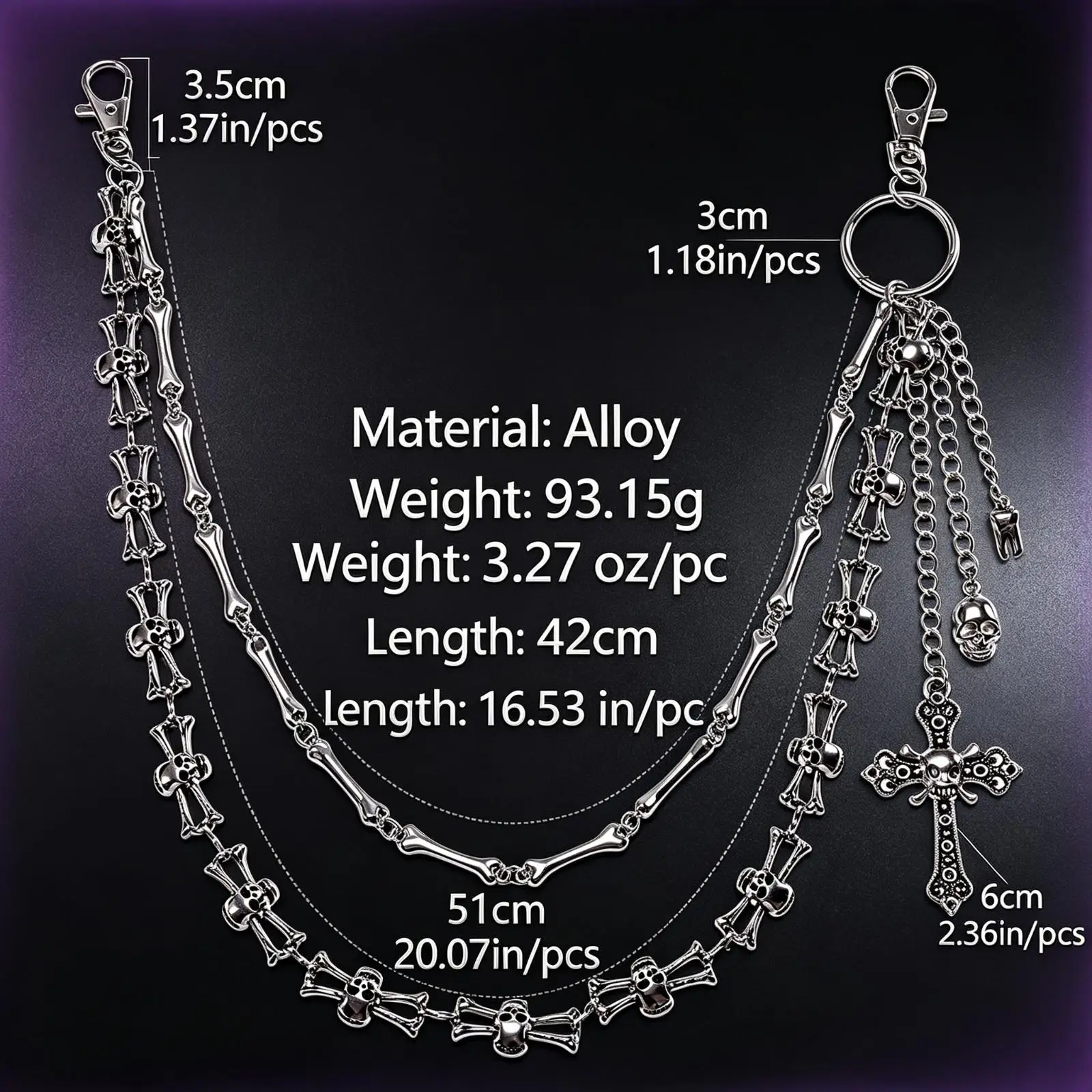 Double Layer Skull Bone Pants Chain Gothic Punk Rock Trousers Chain Hip-Hop Waist Chain with Cross Pendant Halloween Jewelry