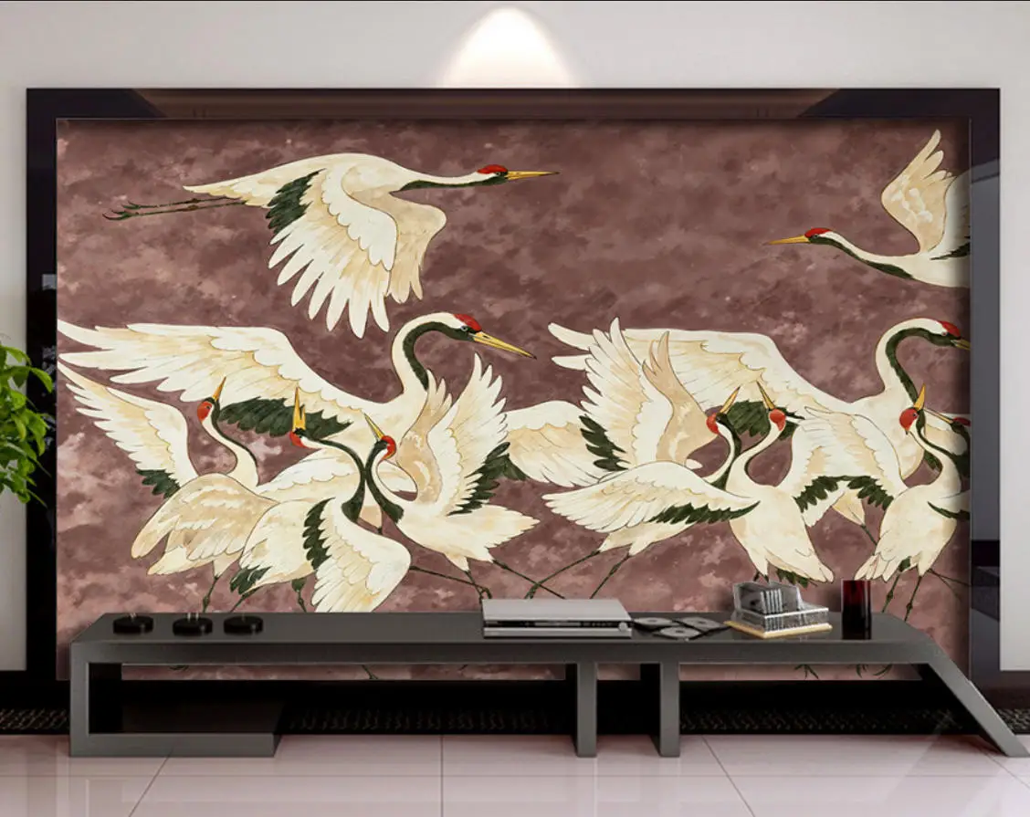 Customized Wallpaper with Hand-Painted Crane Patterns, Featuring Pink, Green, and Gold Colored Flying Crane 3D Wallpaper Murals