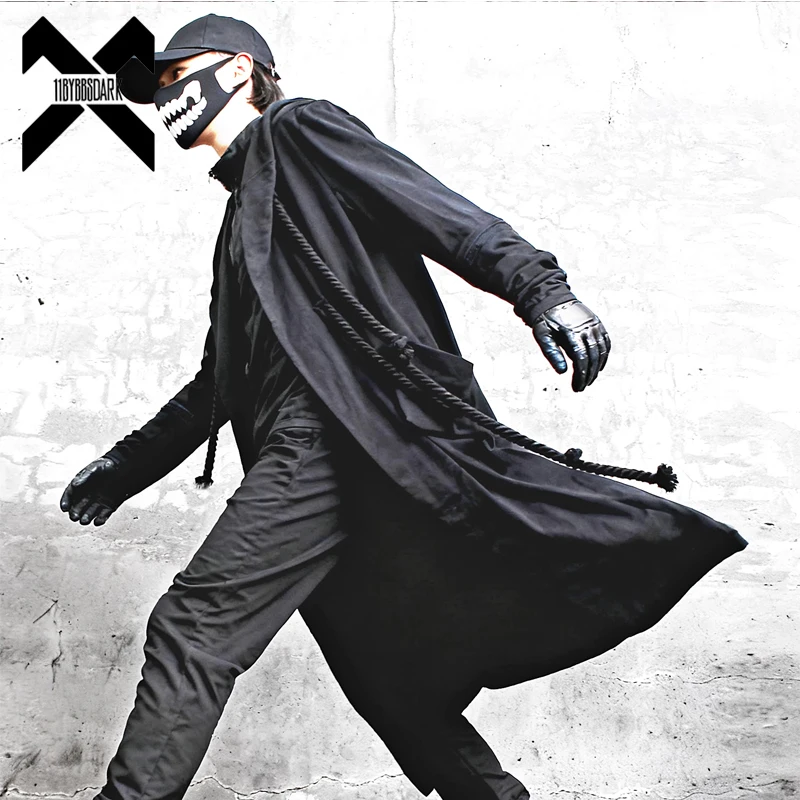 2026 Black Hooded Wizard Trench Coat Windbreaker Men Spring Long Hoody Jacket Punk Hip Hop Streetwear Men Clothing