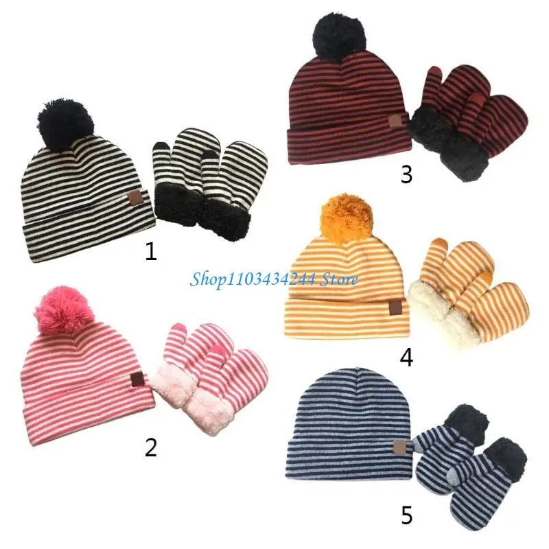2pcs Infant Baby Striped Wool Beanie Hat Gloves Mittens Set Fake Ball Pom Pom Cap Warm Winter for 3-8 Years Old