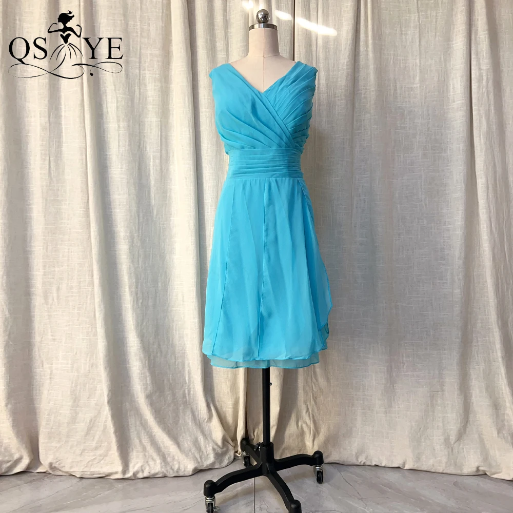 

QSYYE Turquoise Prom Dresses Plus Size A line Chiffon V neck Short Blue Evening Gown Ruched Waist Party Gown Over Knee Length