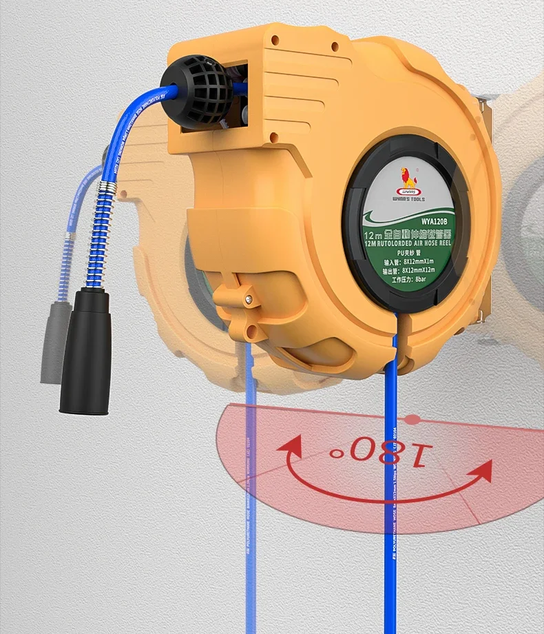 12m-15m Wall Mounted Autoloaded High Pressure Retractable Garden Air Hose Reel For Industrial Use with socket and working lamp