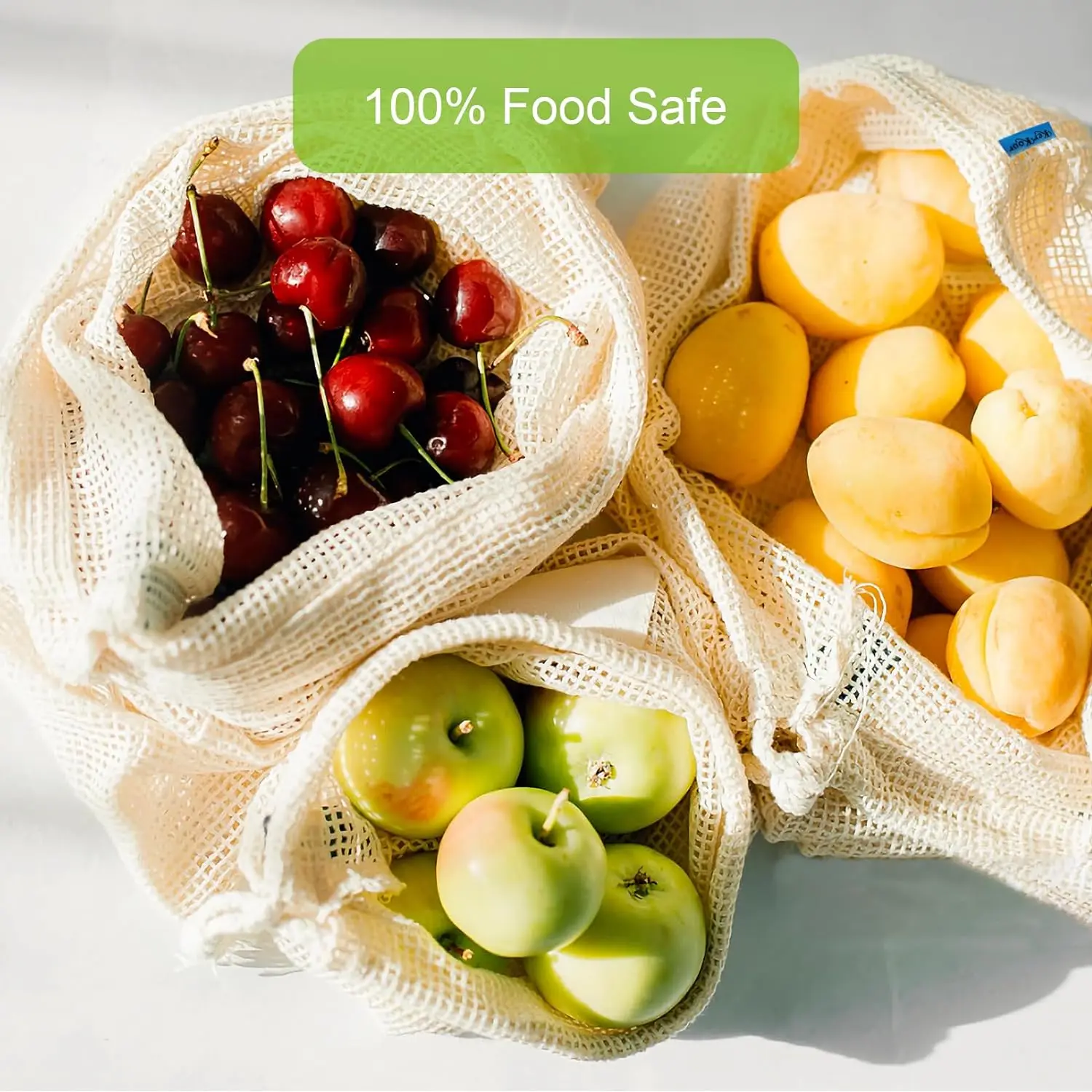 3pcs Reusable Cotton Mesh Produce Shopping Bags Washable Eco Premium Net mesh Bags for Veggie Fruit Vegetable Grocery Storage