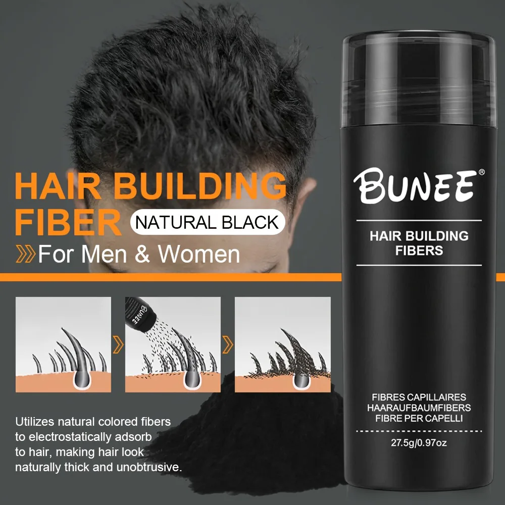 BUNEE Hair Fiber 27.5g: Men\'s natural hair-thickening fibers for balding areas, fills part lines, includes 27.5g fiber powder.