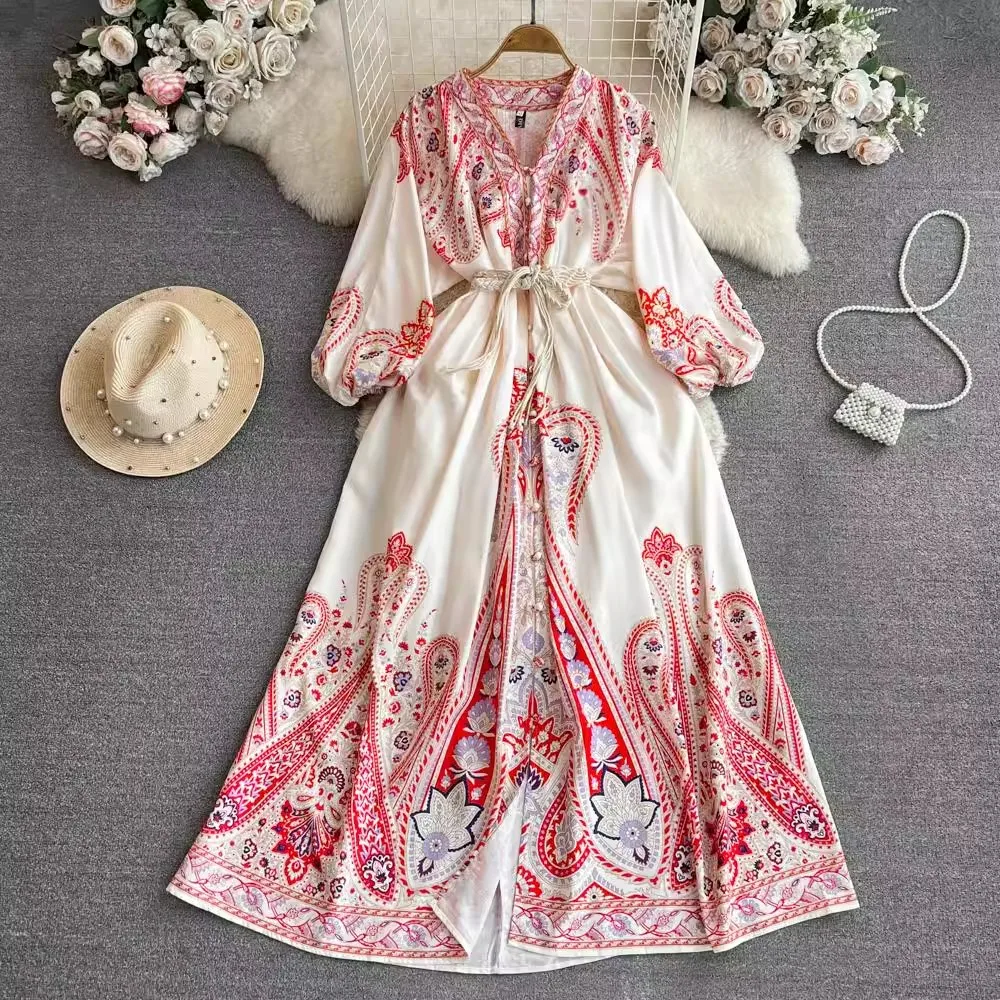 

2024 New Holiday Style V Neck Lantern Sleeve Women Spring Summer Flower Print Fashion Vintage Belt Boho Party Dresses