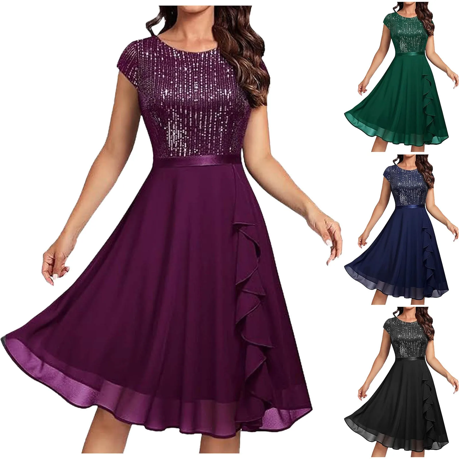 Elegantes Damen-Chiffon-Kleid mit Pailletten, modisch, kurzärmelig, O-Ausschnitt, einfarbig, für Damen, ganzjährig, formelles Abend-Partykleid