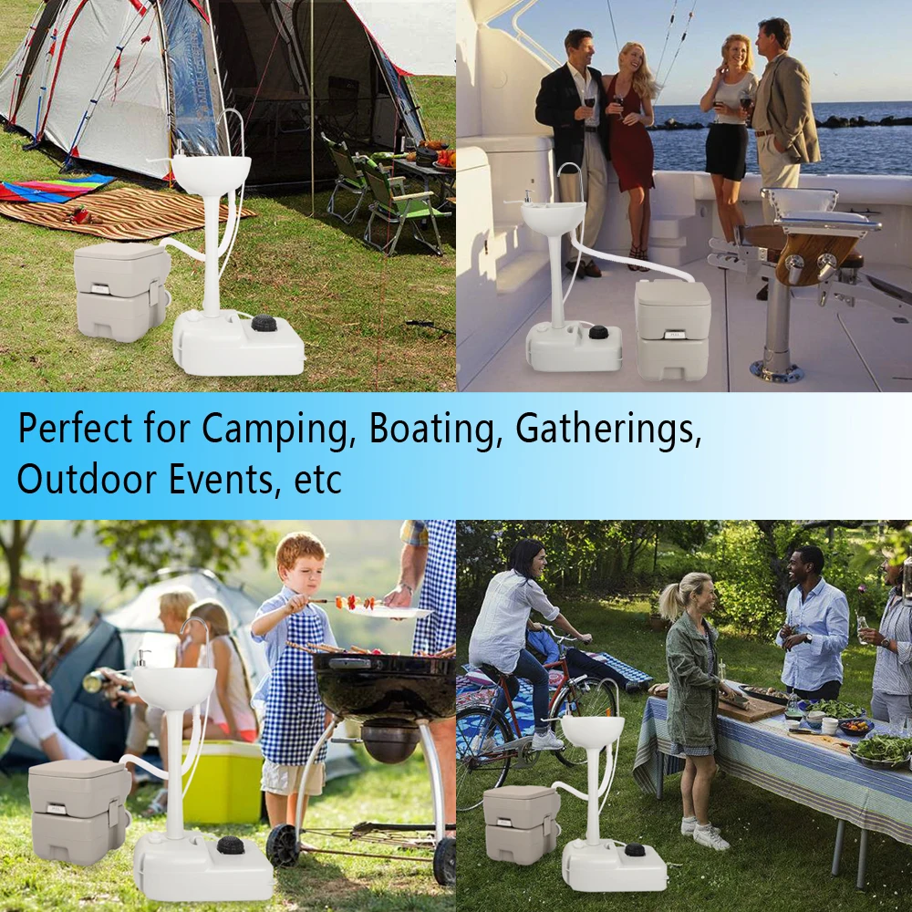 Outdoor Portable Camping Sink with Toilet, Standing Hand Wash Basin with Foot Pump and Water Tank, for RV, Travel, Camping