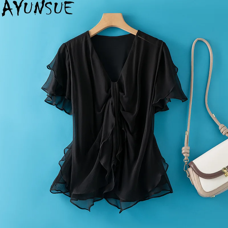 

AYUNSUE 100% Silk Women's Blouses and Shirts French V-neck Black Tops for Woman Stylish Pullover Blouse Woman Clothes Ropa Mujer
