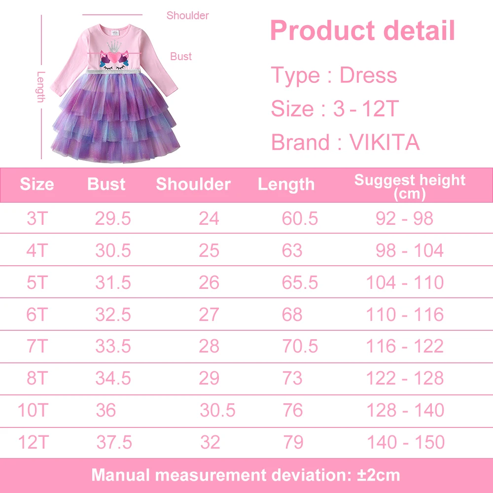 VIKITA Girls Unicorn Cartoon Print Dress Kids Long Sleeve Autumn Spring Pink Dress Girls O Neck Mesh Tulle Tutu Layered Vestidos