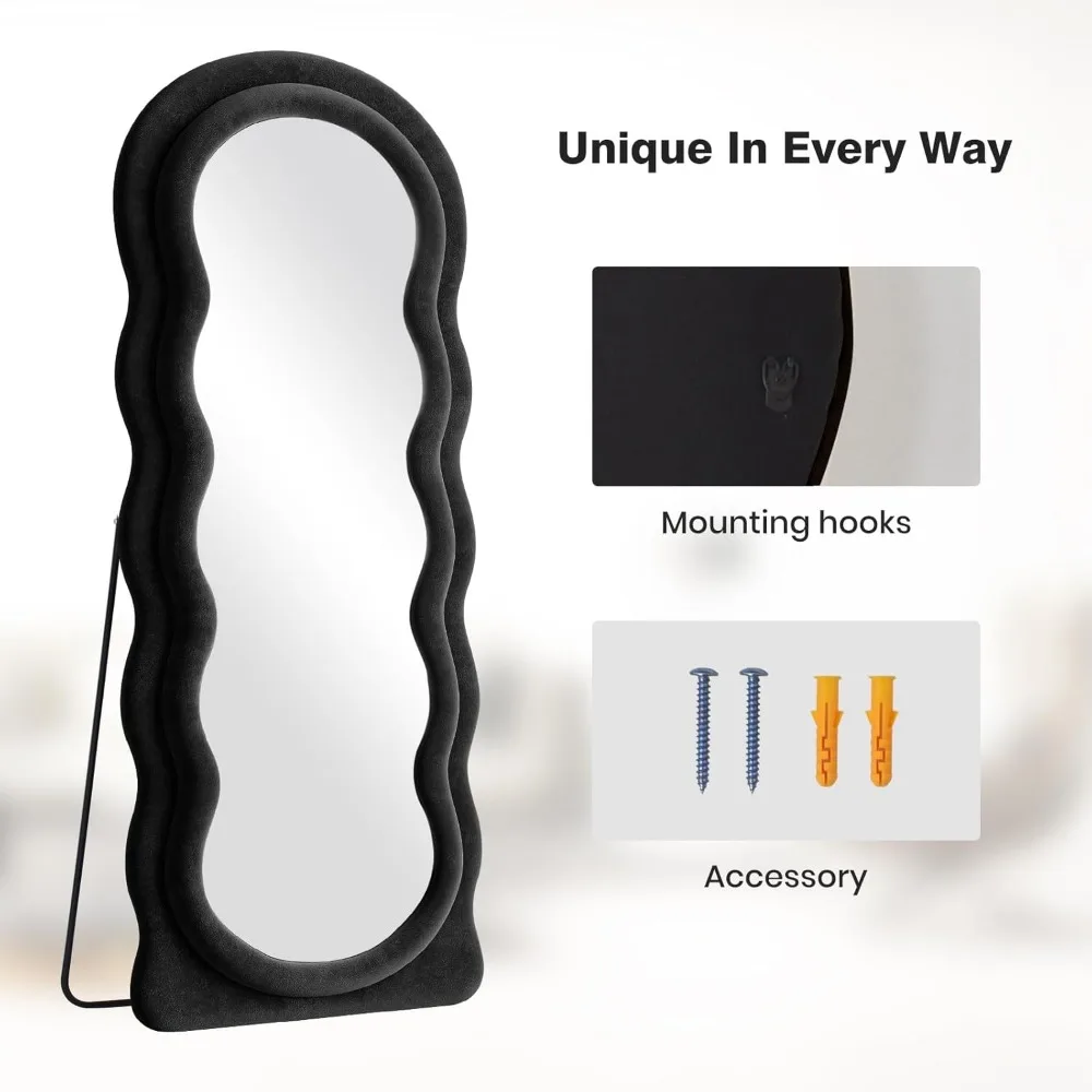 Specchio da parete a figura intera con cornice ondulata ad arco 63x24, da terra, flanella nera, specchio da parete pendente pendente per il riflimento completo del corpo