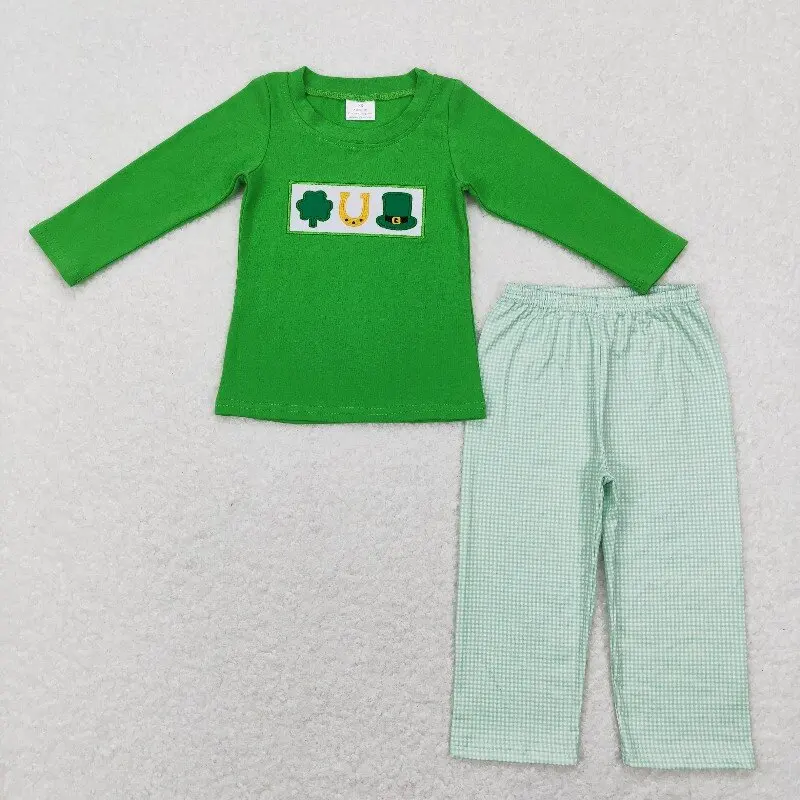 

New rts Infant Boys St. Patrick's Day Suit Wholesale Boutique Embroidered Four Leaf Clover Green Long Sleeve Boys Pants Set