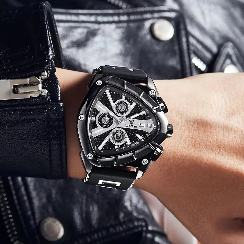 LIGE جديد ساعات رجالي الإبداعية مثلث كوارتز ساعة اليد مؤشرات مضيئة العسكرية المطاط حزام ساعة الرجال ساعة مقاومة للماء