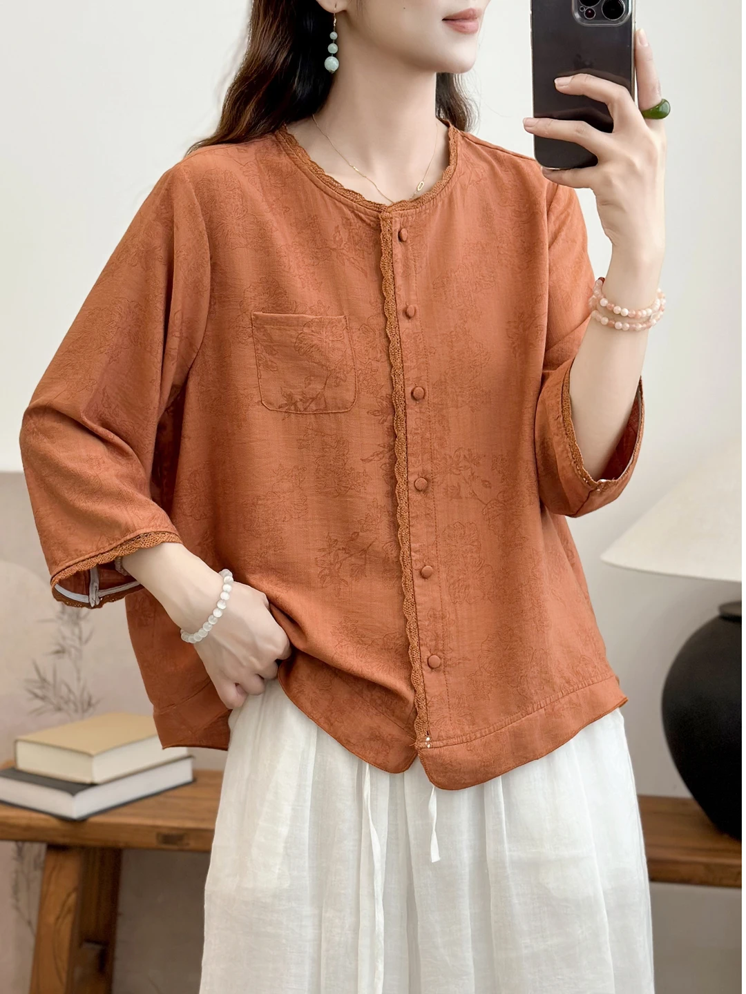 

Casual Loose Pure Color Midi Sleeve Shirt for plus Size Women Summer New Style Slimming Versatile Top Open Cardigan