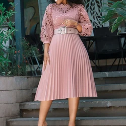 Pink Clothes For Women Lace White Black Plus Size S-3XL 4XL 5XL Elegant Guest Wedding Party Dress With Belt Short Pleated Skirt