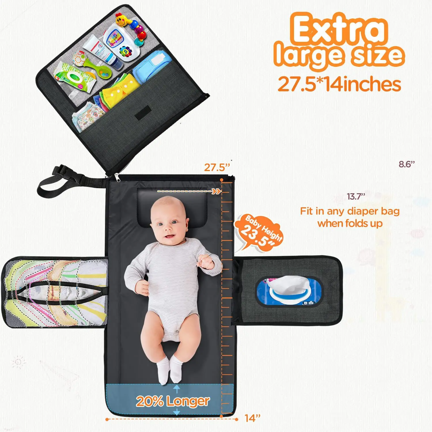 Cambiador de pañales 3 en 1, cambiador portátil para bebé con bolsillos, impermeable, para viaje, bolsa de pañales plegable a mano