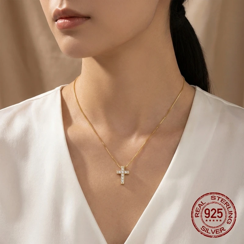 925 Sterling Silver Paved CZ Cross Pendant Necklace Dainty Chain Faith Jewelry Minimalist Everyday Wear Gift for Women Girls