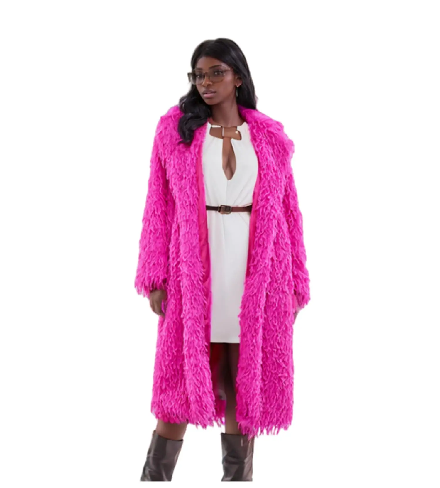 

Fuchsia Faux Fur Women's Fashion Long Coat Soft Overcoat Winter Warm Fur Jacket Outwear Sweater