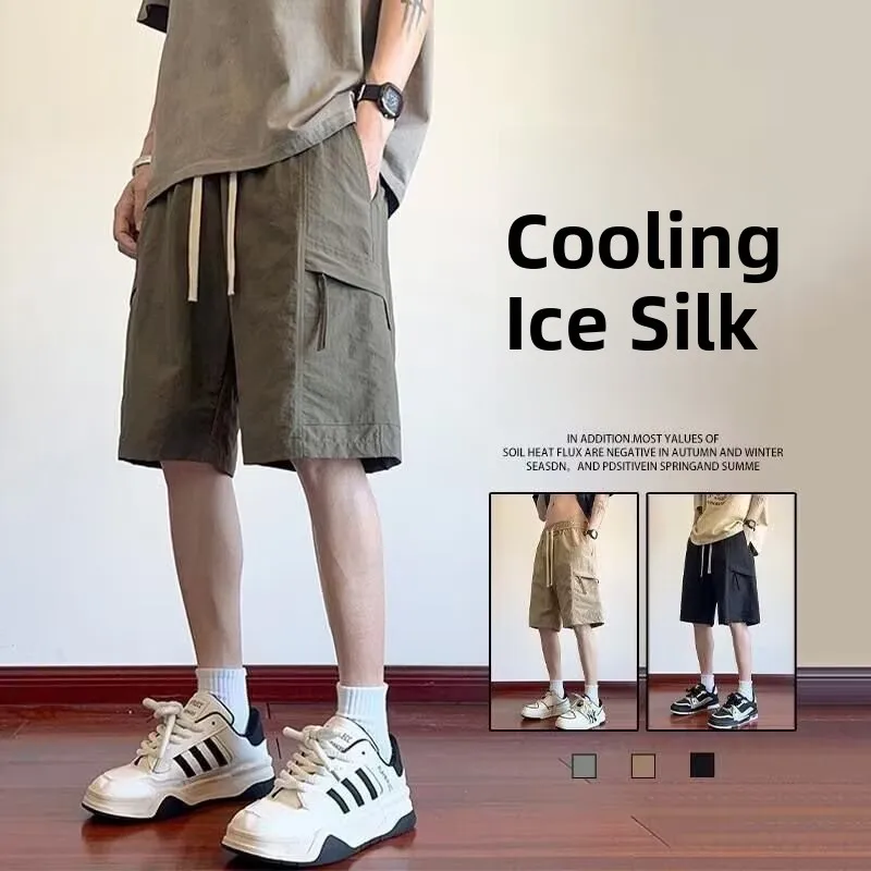 

Men's Summer Thin Ice Silk Qui Dry Loose Casual Five-Quarter Workwear orts Trendy Brand Multi-ket Sports Mid-Pants