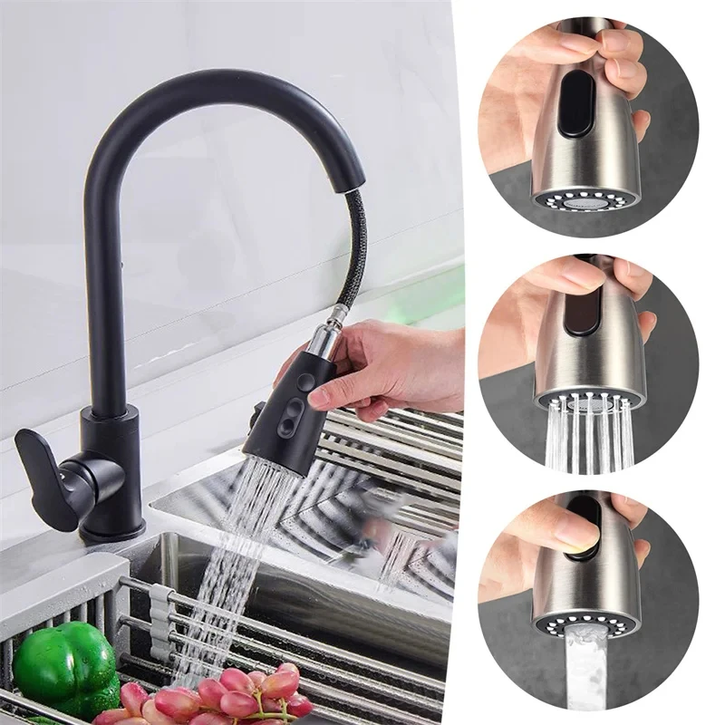 Kitchen Pull-Out Faucet Stainless Steel Body Cold And Hot Sink Multifunctional Home Use Faucet for Washing Basin And Dishwashing