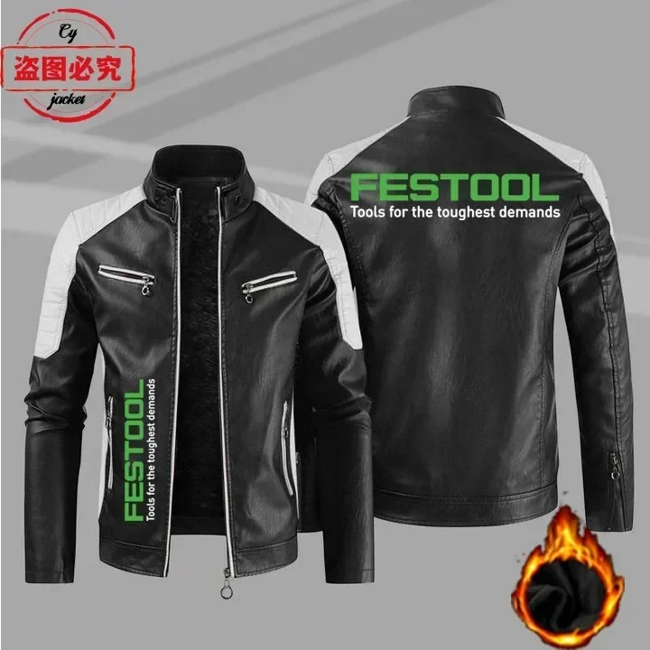 Festool Logo Printed Work Clothes Spring and Autumn Vintage Washed PU Leather Jacket Four Seasons Windproof Men's Jacket