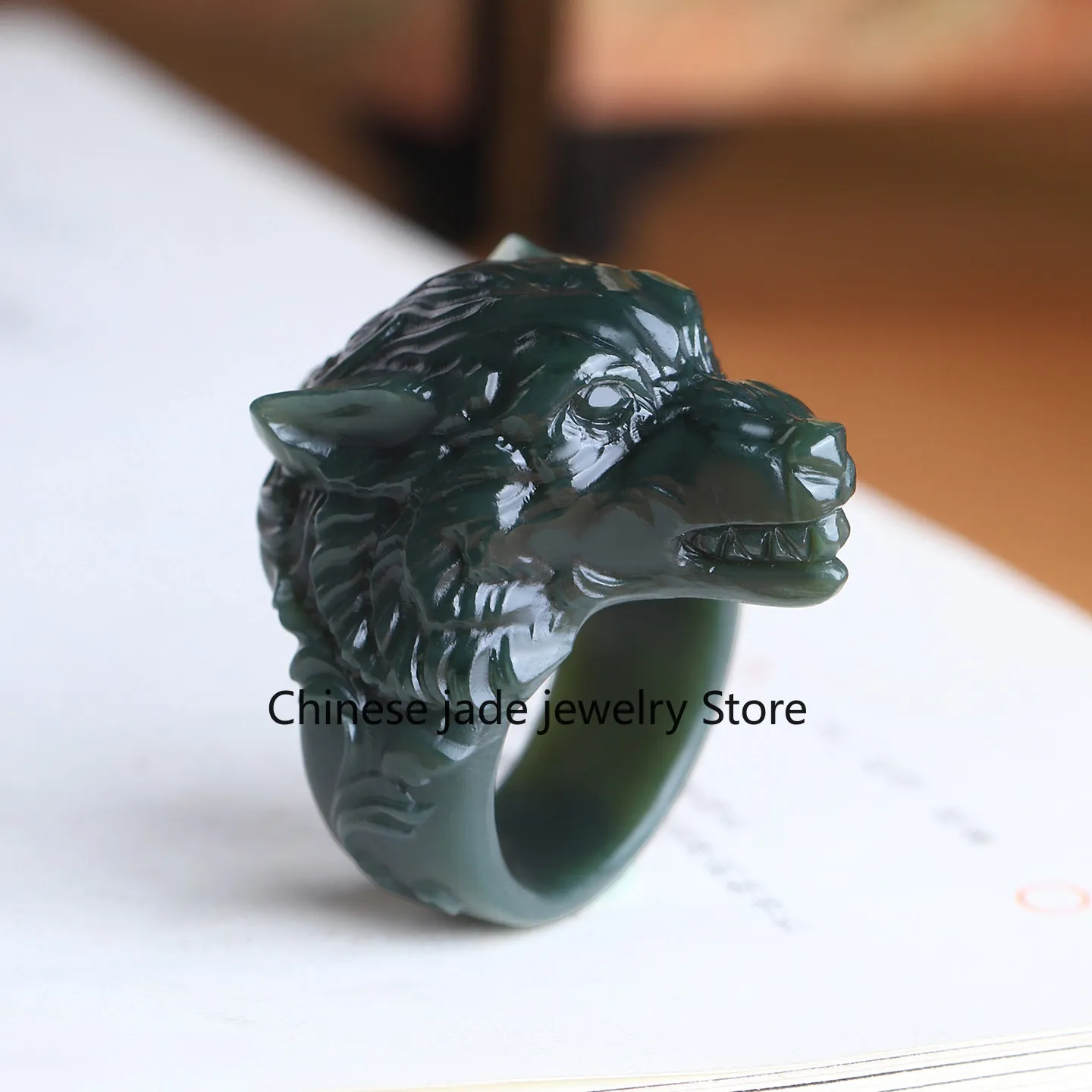 Natural Xinjiang Hetian fine material wolf head ring men's and women's ring genuine finger strap certif