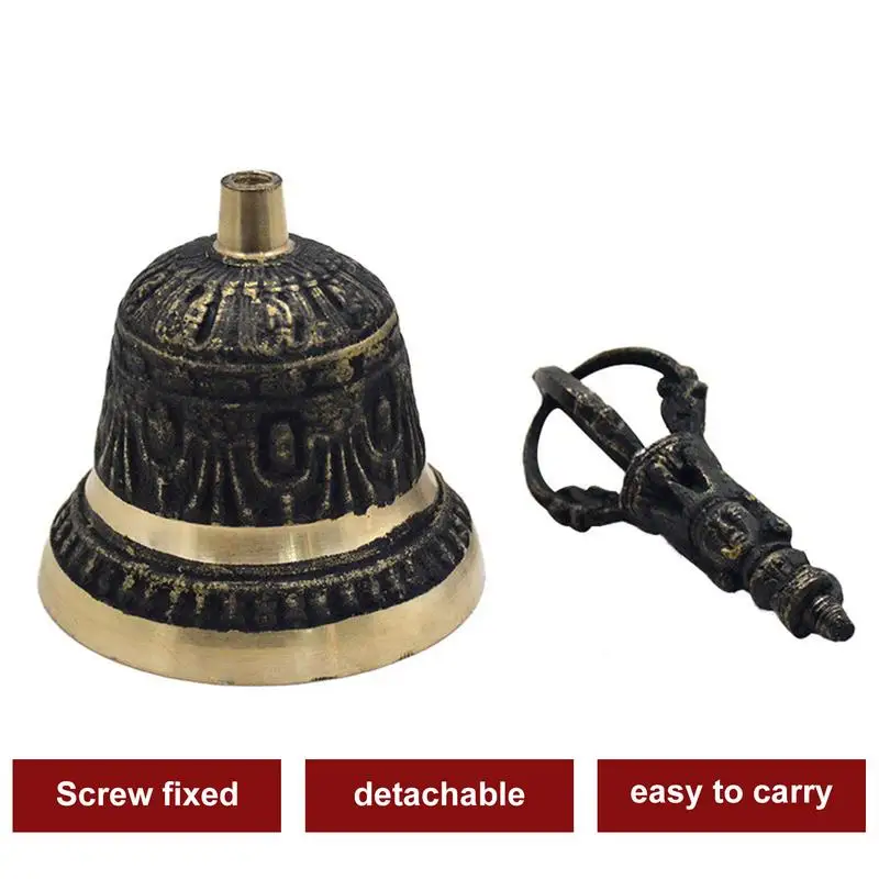 Solid Brass Hand Bell High Brass Antique Handbell Solid Brass Wooden Handle Bell Taoist Bell Ring Brass Bell Hand Held Service