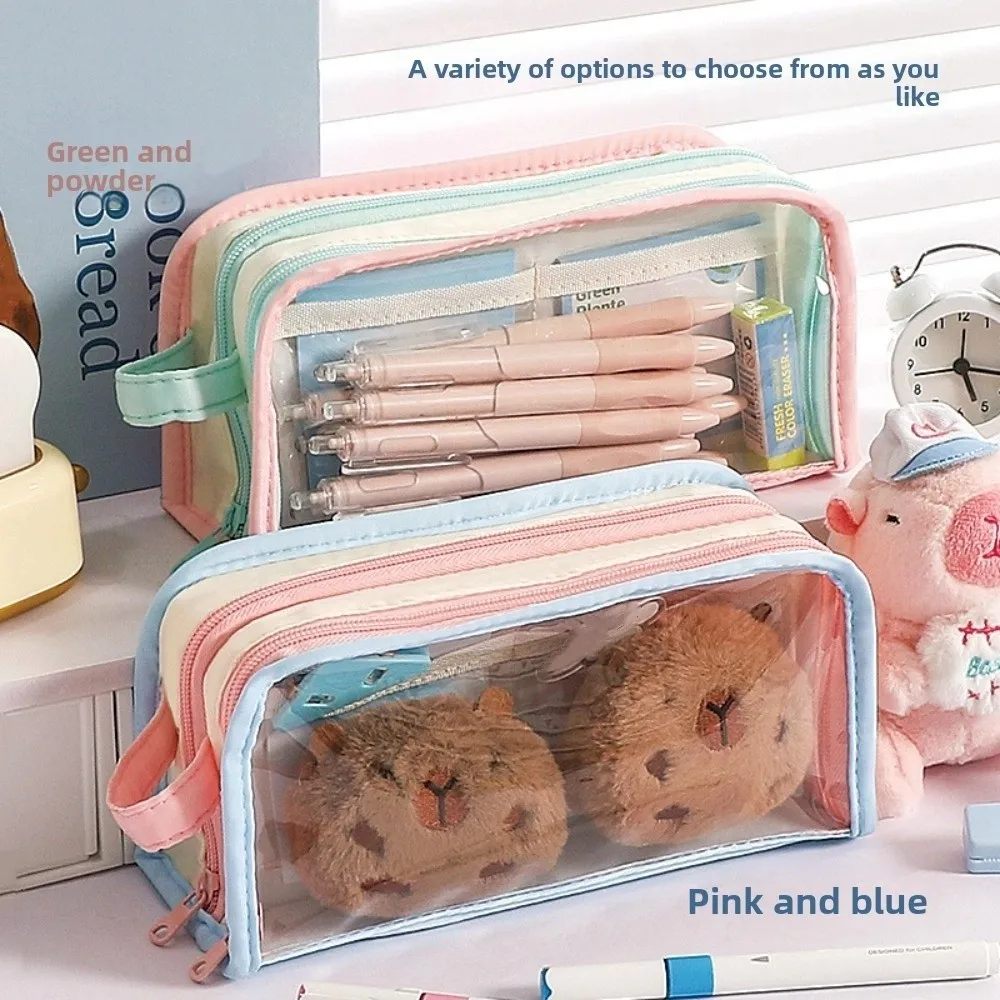Transparent Display Korean PVC Stationery Bag Multilayer Desktop Storage Korean Style Pencil Case Large Capacity Pink Blue Green
