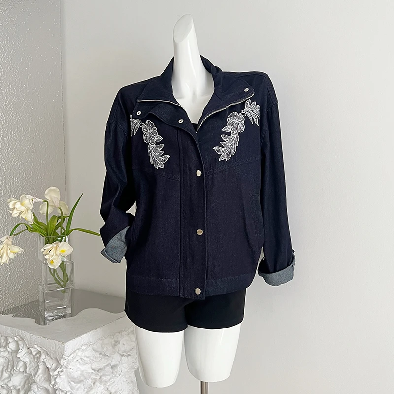 Cotton Blend Denim Jacket Coat Autumn Winter Women Floral Embroidered Solid Color Single-breasted Snap Buttons Zipper Jean Coats