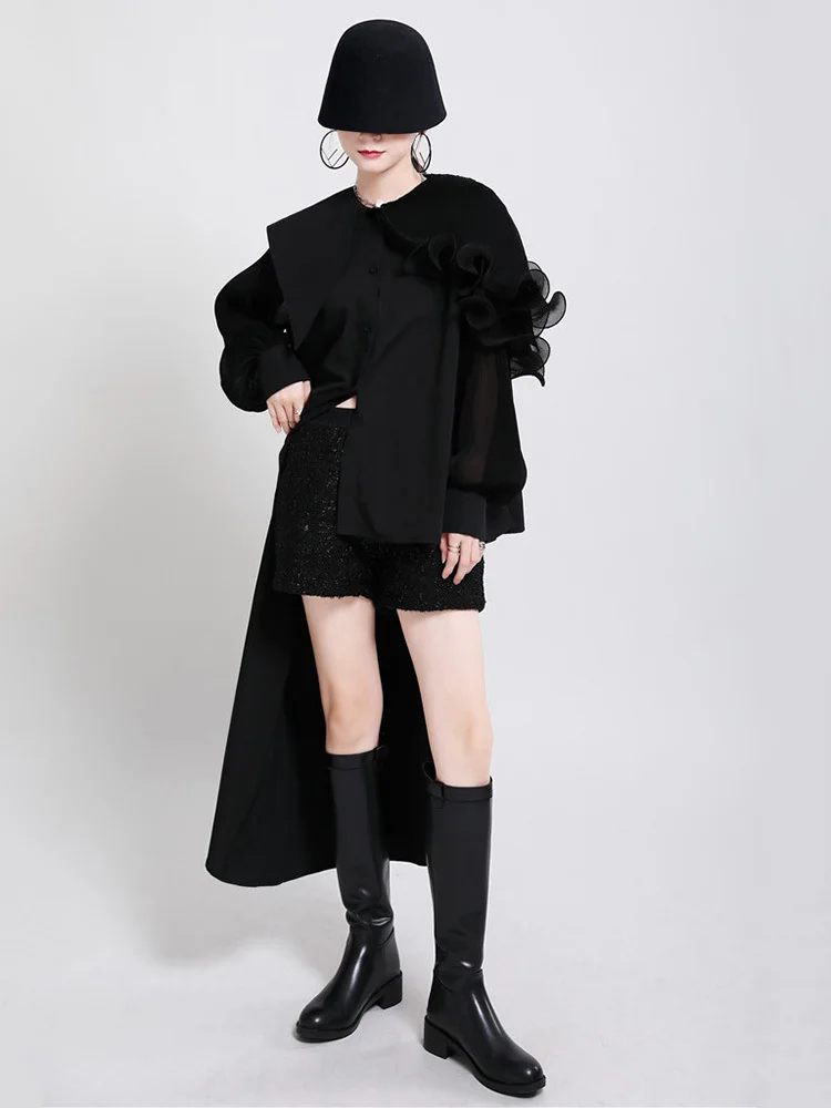 [EAM] Women Black Irregular Pleated Big Size Vintage Blouse New Lapel Long Sleeve Loose Shirt Fashion Spring Summer 2024 1DF4875