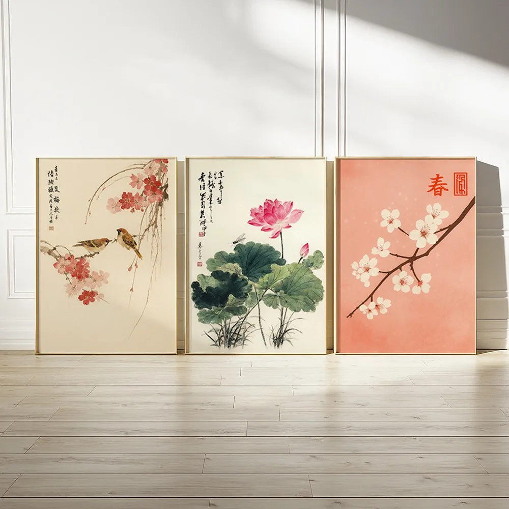 3-teiliges Set Rahmenlose Japanische Kirschblüten-Wandkunst-Poster, Rosa Kirschblütenzweig Leinwanddruck, Frühlingsblumen-Wanddekoration