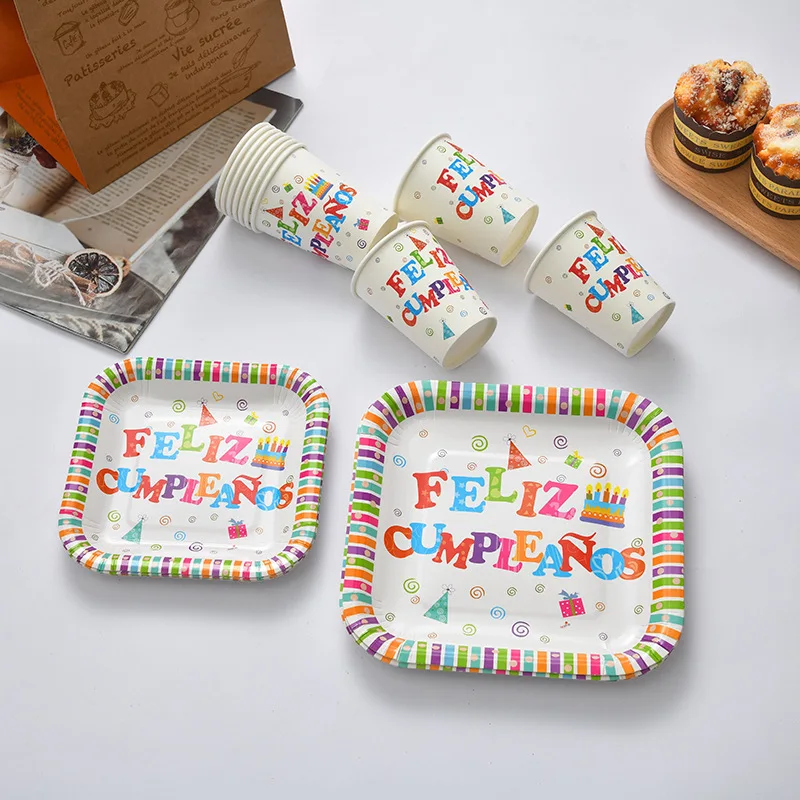 Feliz Cumpleanos Disposable Tableware Set Paper Square Plates Cups Spanish Happy Birthday Decoration Baby Shower Party Supplies