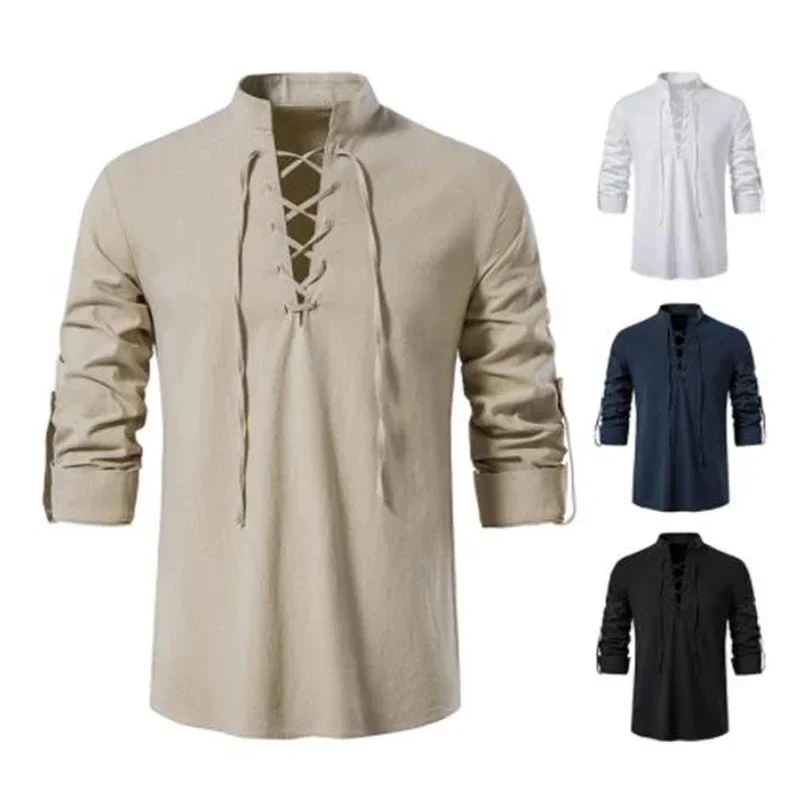 2024 New Men Long Sleeve Stand V-neck T-shirt Cotton Linen Casual Men's T-shirt Male Breathable Front Lace Up Tops Solid Blouse